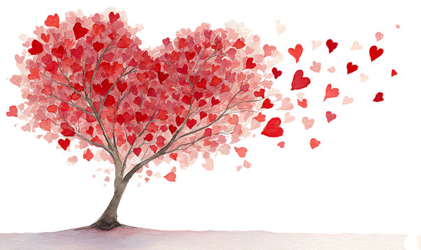 Watercolor heart tree with falling hearts isolated on transparent background - Powered by Adobe