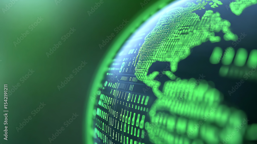 Poster a close-up of a digital globe showcasing a network of data in green tones, symbolizing global connec