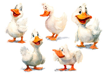 Cute goose. Adorable farm birds in different poses, funny characters. Childish print, kids textile and nursery decor. Stickers set. Watercolor cartoon flat isolated illustration