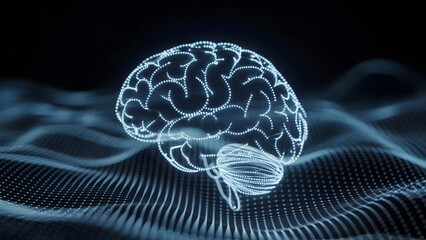 Particle-based digital brain dissolving into fading light pulses and energy fields