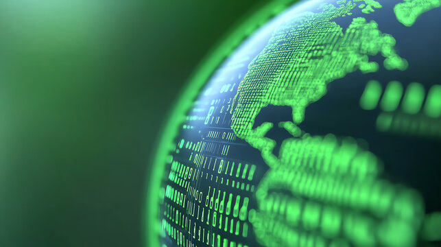 A close-up of a digital globe showcasing a network of data in green tones, symbolizing global connectivity and modern technology. - Powered by Adobe
