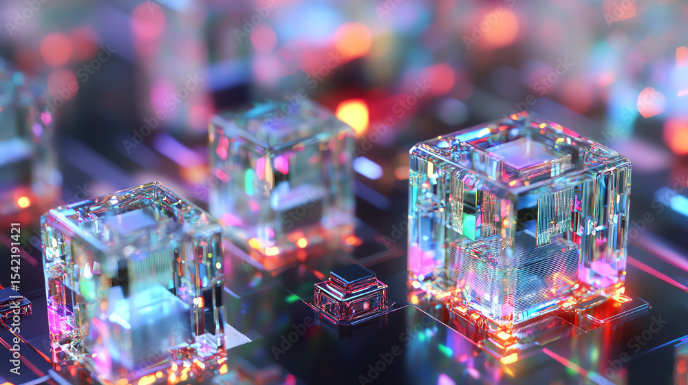 Aufkleber A close-up view of illuminated glass cubes representing quantum computing technology, showcasing vibrant colors and intricate details.