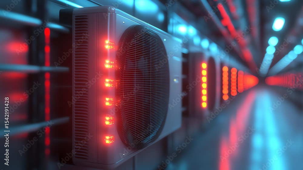 Poster A close-up view of high-tech server components illuminated by red and blue lights, showcasing modern data center equipment.