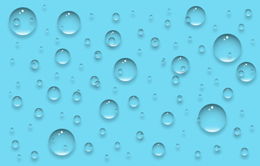 Water drops background.Bubbles blue background.Realistic water drop on blue background vector graphic illustration.