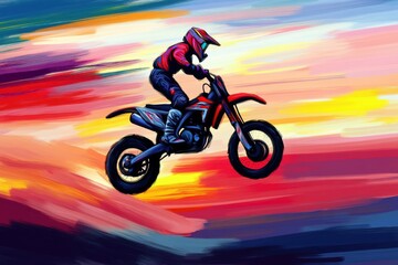 Fototapeta premium Rider in Action Jumping on a Motorcycle Against Colorful Sky Background