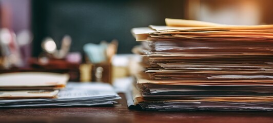 The stacked documents detailing organized work on a busy office desk.