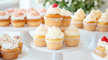 A delightful display of beautifully frosted cupcakes topped with sprinkles and fruits, perfect for any celebration or event.