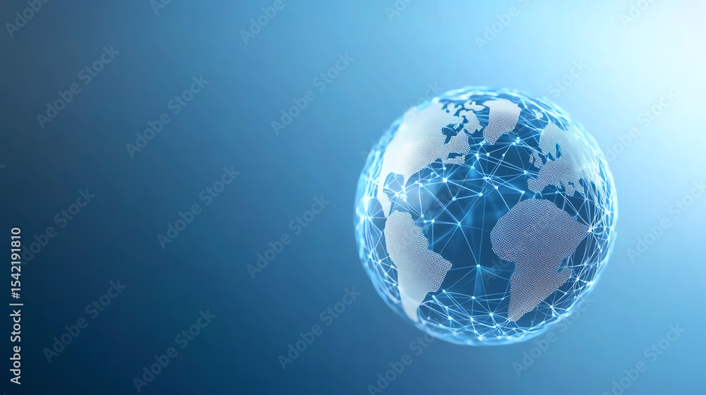 Poster A digital representation of the Earth with interconnected networks, symbolizing global connectivity and technological advancement.