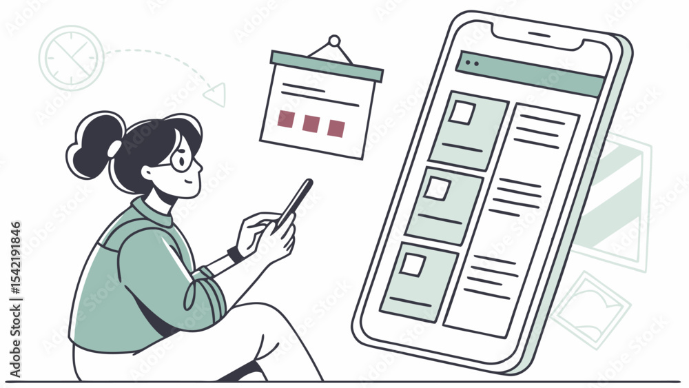 Poster illustration of a woman using a mobile phone with a calendar and clock in the background in line art