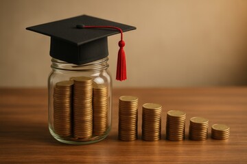 Graduation Cap Rests on a Jar Filled With Coins Alongside Stacks of Coins Representing Savings and Educational Investment at a Desk