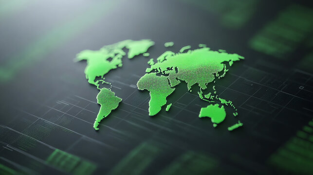 A digital representation of the world map highlighted in green, symbolizing data, connectivity, and global communication.