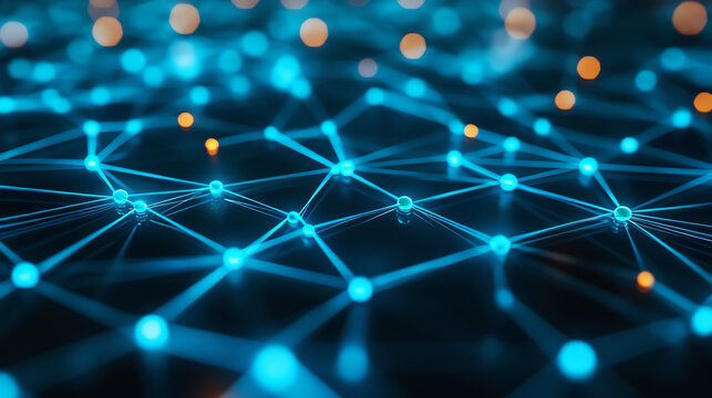 A dynamic digital network showcasing interconnected nodes and vibrant blue lines, symbolizing technology and connectivity.