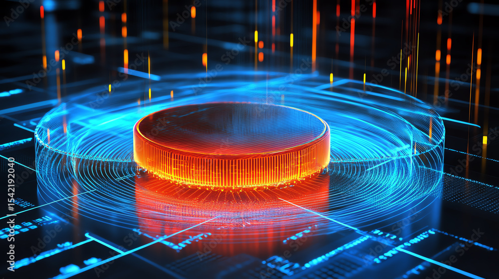 Poster A futuristic digital interface featuring a glowing circular element amidst a network of data visualizations.