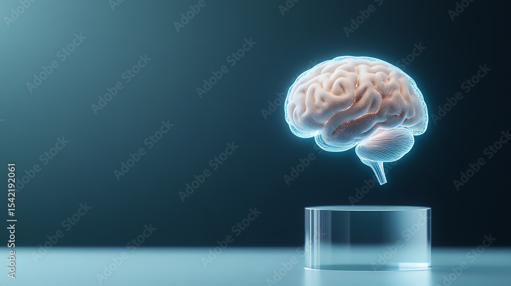 Poster A futuristic digital representation of a brain hovering above a glass platform, symbolizing advanced neuroscience concepts.