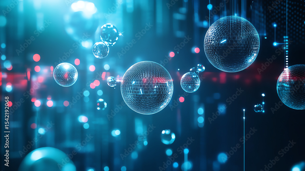 Aufkleber A futuristic digital scene featuring glowing bubbles and data streams, symbolizing innovation and connectivity in technology.