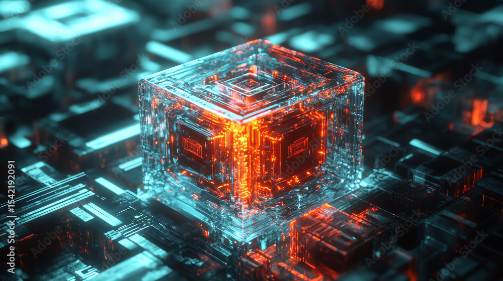Poster a futuristic glowing cube immersed in a network of crystalline structures, representing advanced tec
