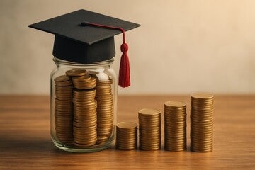 Graduation Cap Symbolizing Education Savings With Stacked Coins Representing Financial Growth and Investment in Future