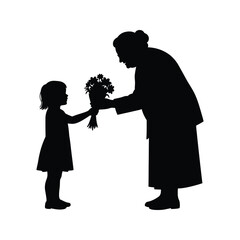 Grandmother and granddaughter silhouette girl giving flowers vector illustration