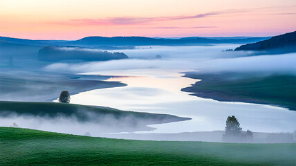 Serene sunrise over misty river valley landscape