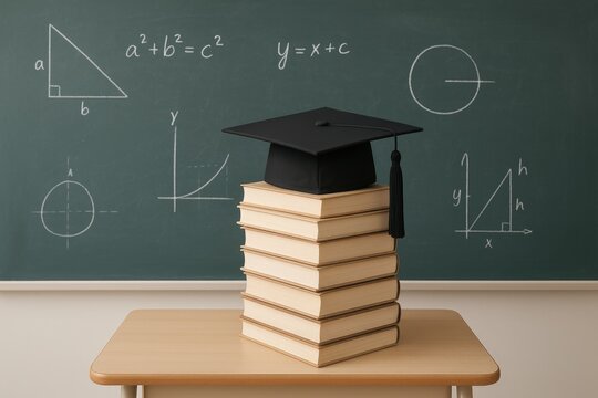Graduation Cap Resting on a Stack of Books in Front of a Chalkboard Filled With Mathematical Equations and Graphs in a Classroom Setting