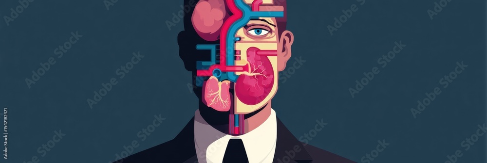 Aufkleber understanding health through anatomy with a flat illustration of a man in a suit showing internal or
