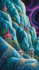 Enchanting pavilions cascade celestial waterfall fantasy