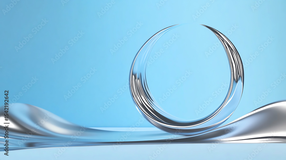 Poster A minimalistic representation of fluid dynamics featuring a reflective orb surrounded by gentle waves, set against a soft blue backdrop.