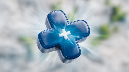 A modern blue medical cross icon representing healthcare technology and innovation, set against a blurred natural background.