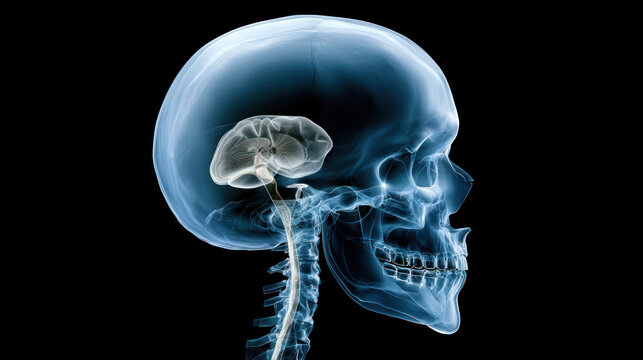 X-ray image of human head with small brain - symbol of memory loss, low intelligence