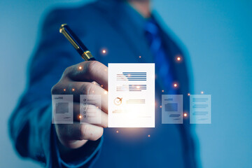 Businessmen review contract documents, manage documents and agreements, sign contracts and business...