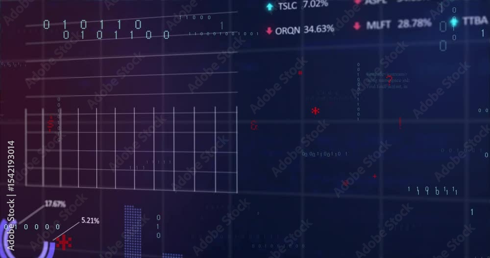Poster dark blue grid forming, binary digits appearing charts pulsing and code scrolling showing analytics