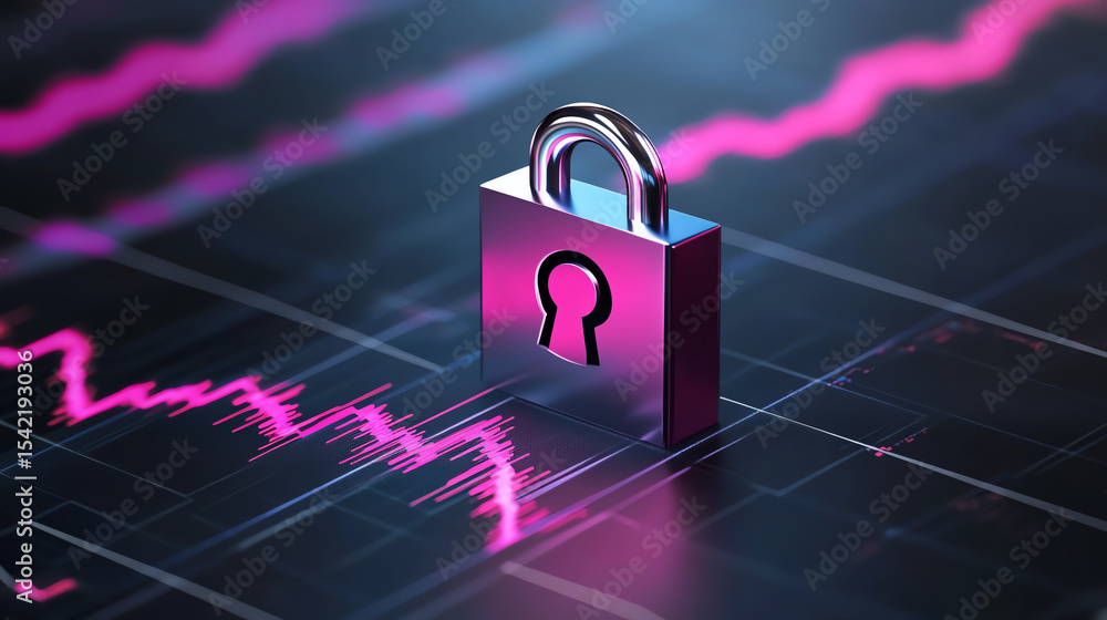Poster A secure padlock symbolizing data protection and cybersecurity, set against a backdrop of fluctuating digital graphs.