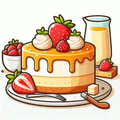 Dessert composition cake with strawberries cream and syrup served with fresh berries and a pitcher