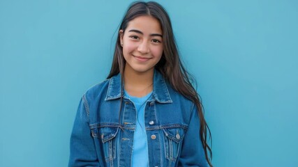 A young girl wearing a denim jacket, smiling and posing in front of a blue wall. - Powered by Adobe