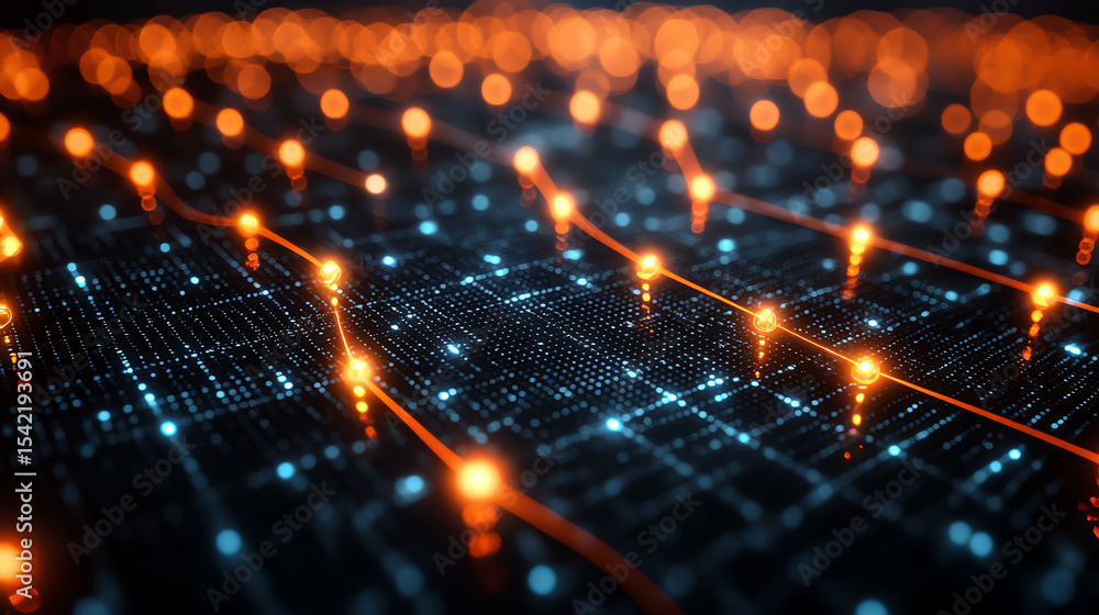 Poster a stunning close-up of a glowing digital circuit board showcasing vibrant lights and intricate patte