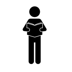 Stick figure man reading book silhouette style, isolated on transparent background 