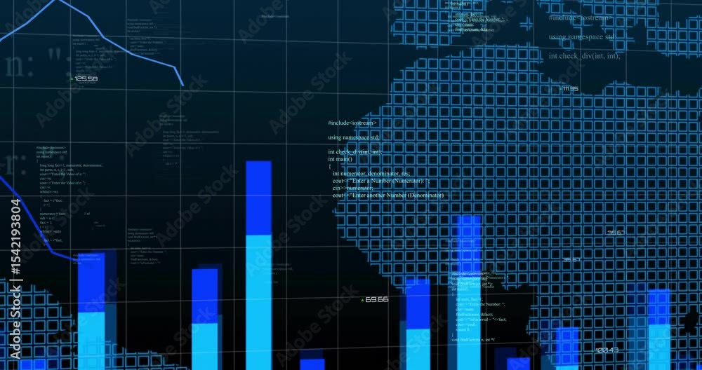 Poster on code appearing data dashboard generating rising bars forming dotted map showing global analytics