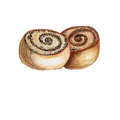 Watercolor and Colored Pencil Illustration of a Cinnamon Roll or Cinnabon Pastry, Hand Drawn Sweet Dessert Isolated on White Background, Tasty Bakery Food Art for Menu or Packaging Design