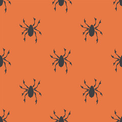 Halloween seamless geometric pattern with silhouette spiders. Vector hand drawn illustration. Tiny black arachnids on orange background. October fall holidays backdrop for packaging, print.