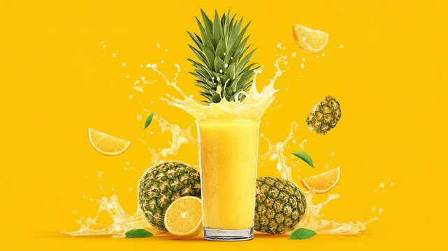 Fresh pineapple juice splashing with whole fruit and lemon slices on vibrant yellow background with drops