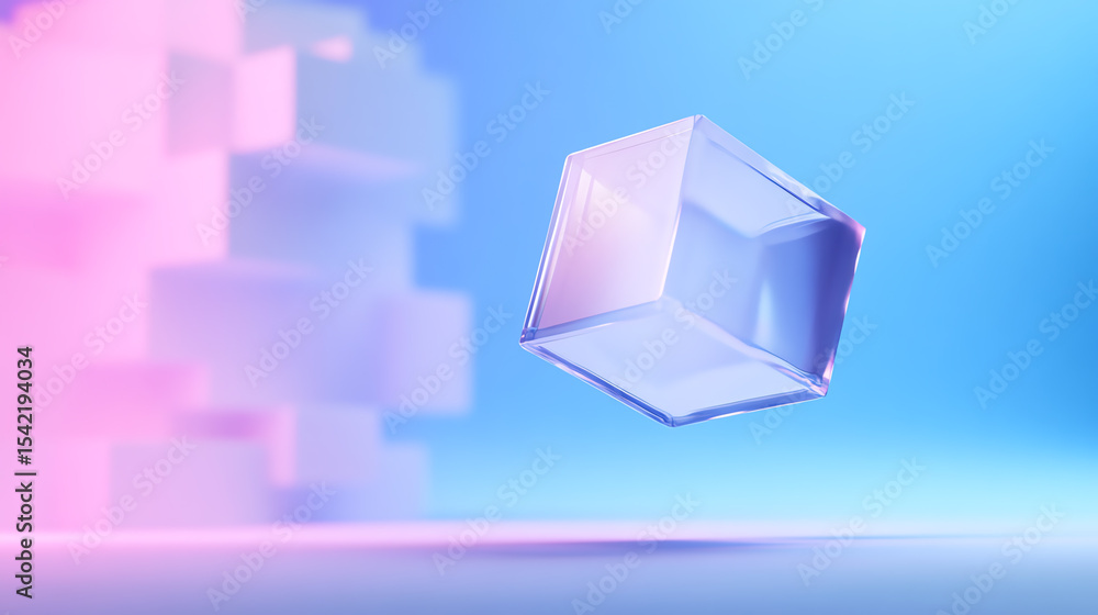 Poster a translucent cube suspended in the air, with a blend of soft pastel colors, perfect for abstract de