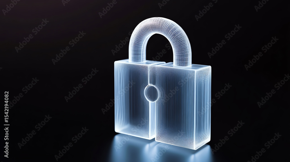 Poster a transparent padlock symbolizing security and protection, glowing softly against a dark background 