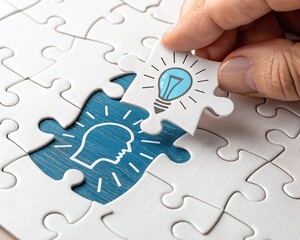 Hand Places Puzzle Piece with Lightbulb into Human Head Outline