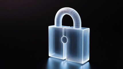 Fototapeta premium A transparent padlock symbolizing security and protection, glowing softly against a dark background for modern digital concepts.