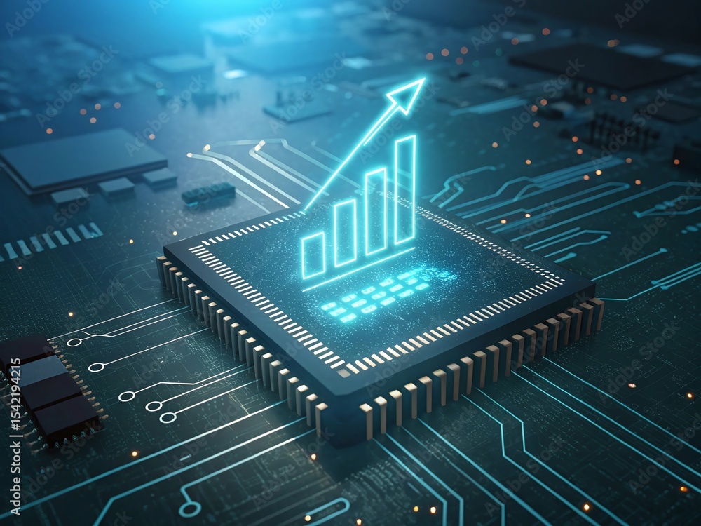 Poster glowing growth chart on cpu chip representing business progress