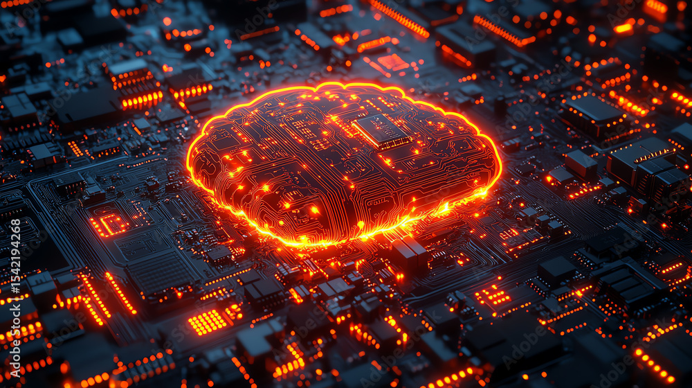 Poster a vibrant, glowing circuit board illuminated with fiery orange lights, symbolizing advanced technolo