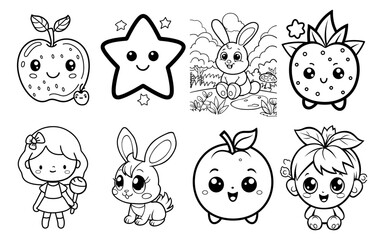 Fototapeta premium Eight cartoon drawings of kawaii figures including apples stars bunnies and little girls arranged in two rows