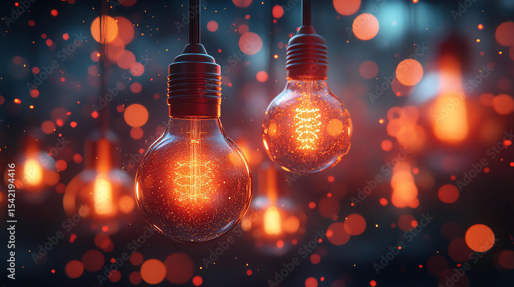 Poster A vibrant display of glowing orange light bulbs surrounded by soft bokeh effects, perfect for mood-setting in various designs.