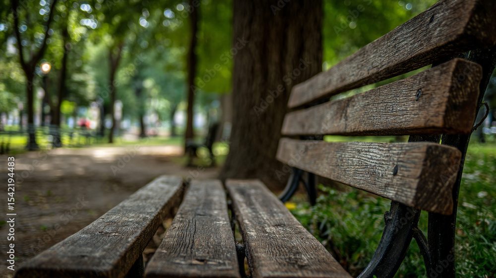 Poster a close up of a wooden park bench with a tree and greenery in the blurred background in the park