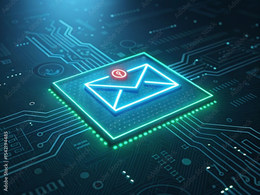 Poster glowing email icon on advanced circuit board technology display